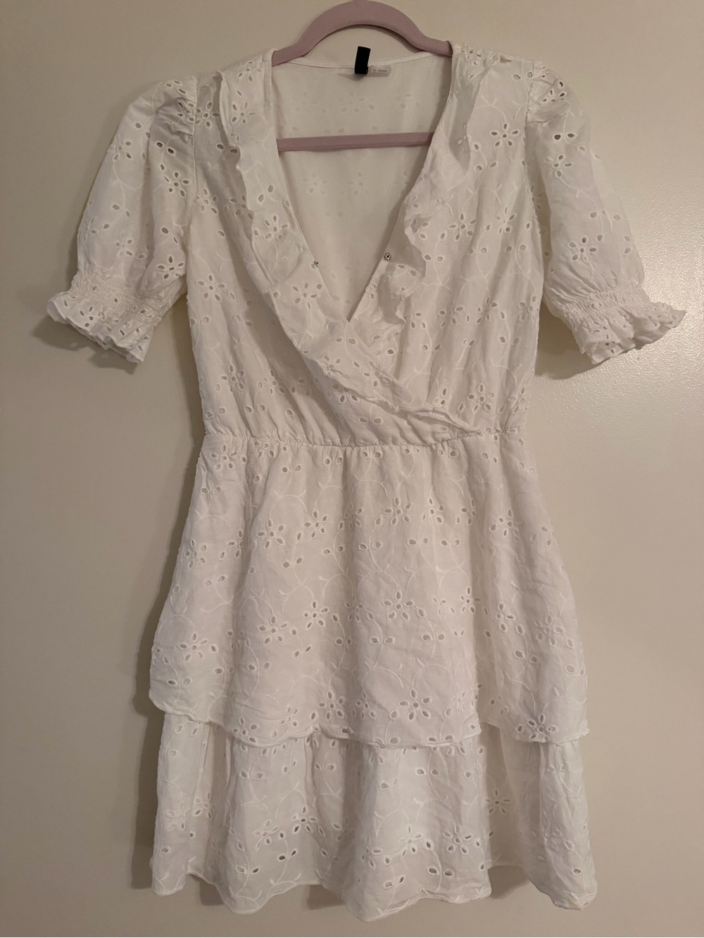 H&M White Eyelet Wrap V-Neck Tiered Mini Dress
